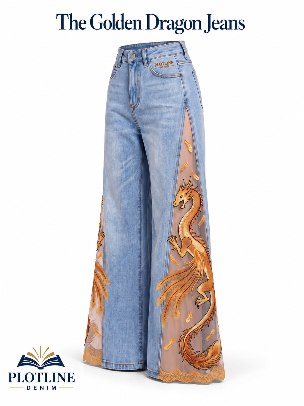 Golden Dragon lace-slit jeans