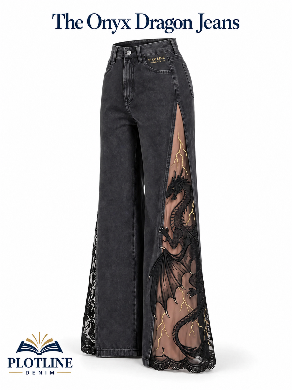 Onyx Dragon lace-slit jeans